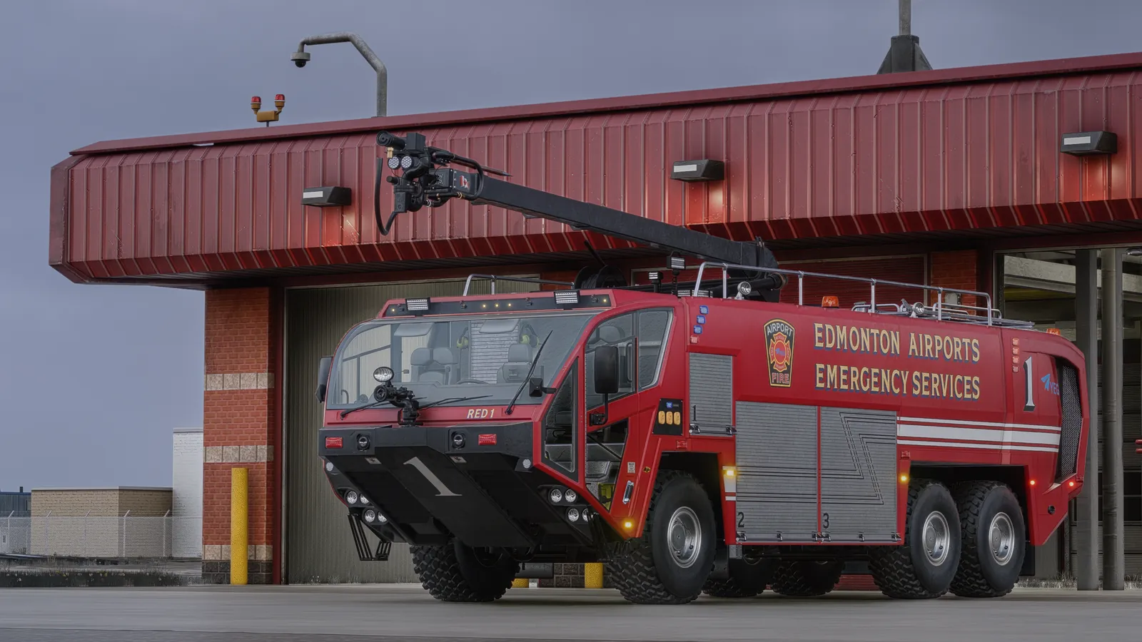 ARFF vehicle leaving the Edmonton fire station