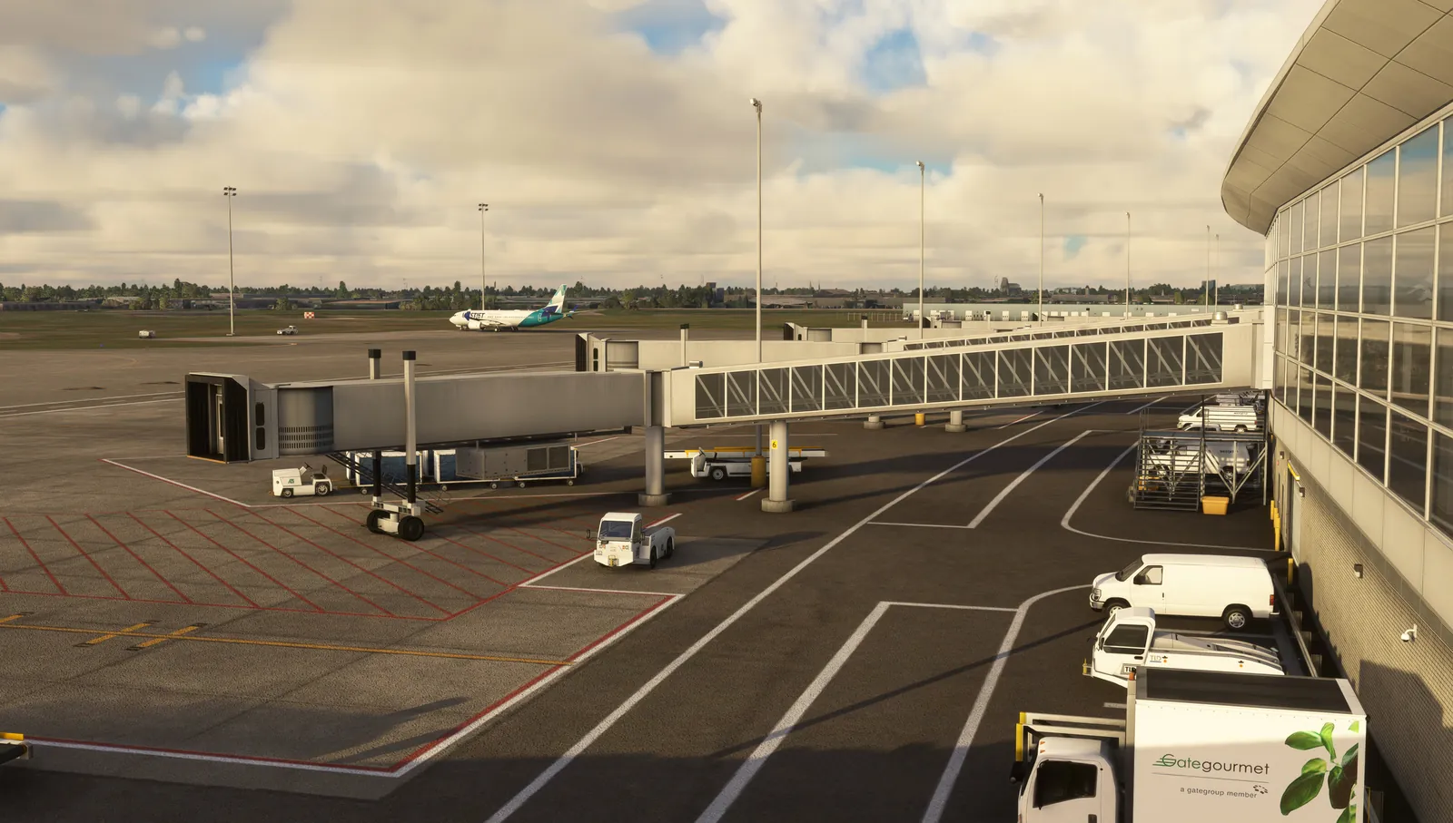 Boarding bridge docked at a gate on the Winnipeg digital twin